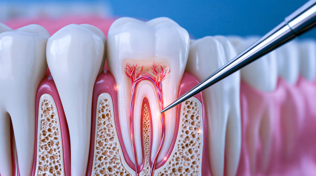 Tooth root canal treatment on anatomical model